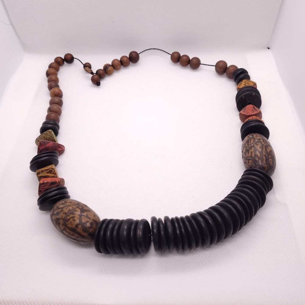 African Tribal Statement Necklace Wood Seed Beads Adjustable Bolo Closure 20"